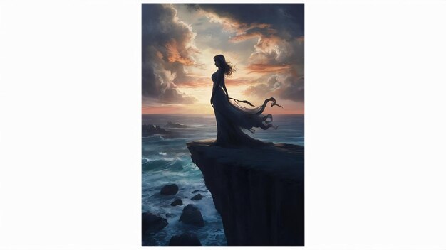 Vertical shot of a woman in silhouette standing on a cliff near the sea during sunset