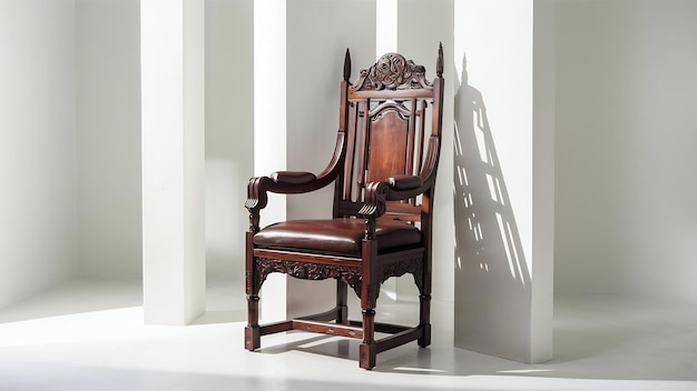 Vertical shot of a wooden chair behind a white