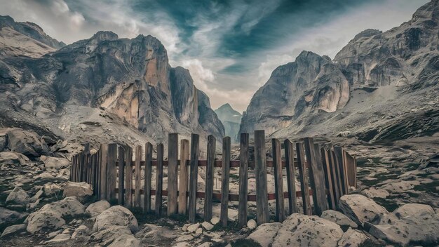 Photo vertical shot of a wooden fence with high rocky cliffs in funes valley st italy