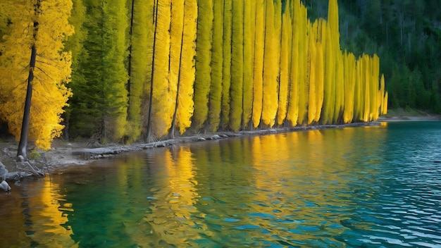 A vertical shot of yellow and green trees near the water