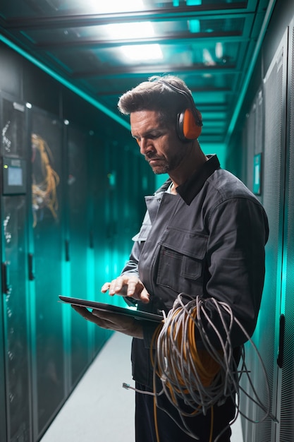 Vertical side view portrait of mature network engineer using digital tablet in server room during maintenance work in data center
