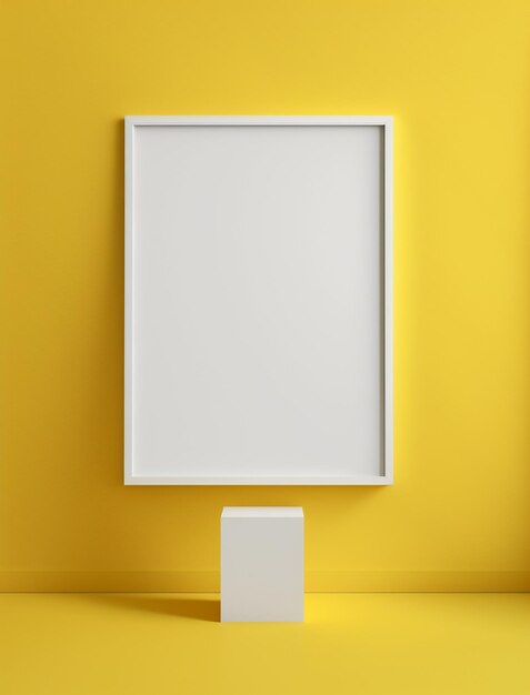 空白の黄色の壁に掛かっている垂直のシンプルなモックアップ額縁白い色生成AI