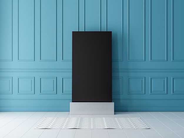 Vertical Smart Tv mockup near blue wall in living room, 3d rendering