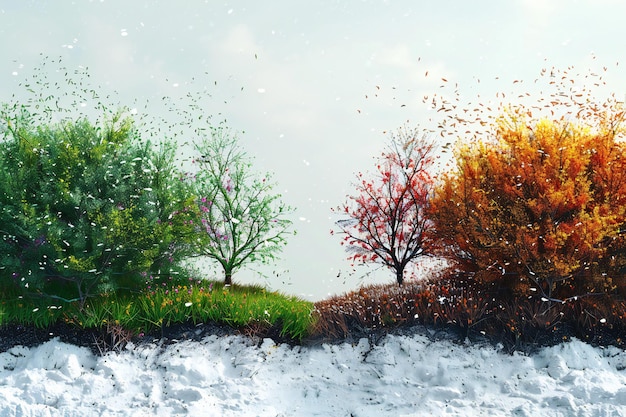 a vertical splitscreen animation showing the left side in spring with vibrant green grass and bloomi