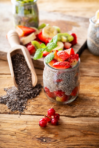 Vertical strawberry Chia pudding vegan yogurt oat milk