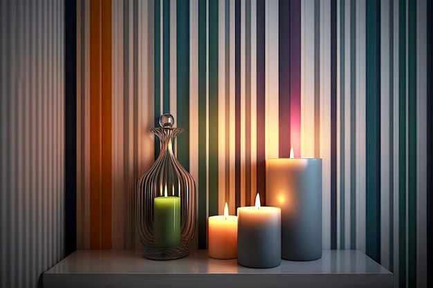 Photo vertical stripes on wall and blurred candles in bathroom with candles created with generative ai