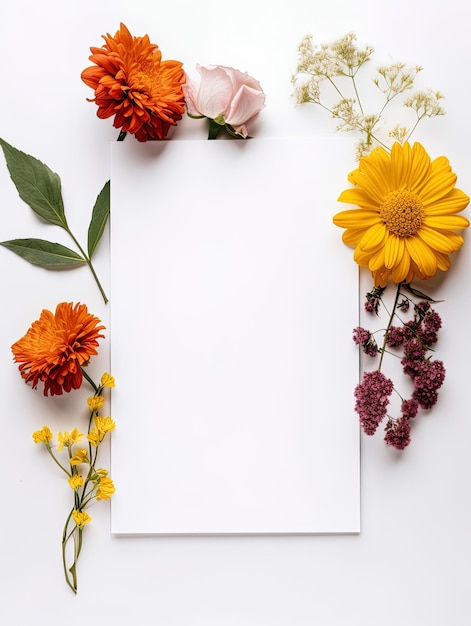꽃이 있는 세로 위쪽 보기 빈 카드 추상 유기 꽃 초대 카드에 흰색 배경에 꽃 피는