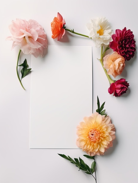 Photo vertical top view blank card with flowers abstract organic flowers blooming floral on white background for invitation card