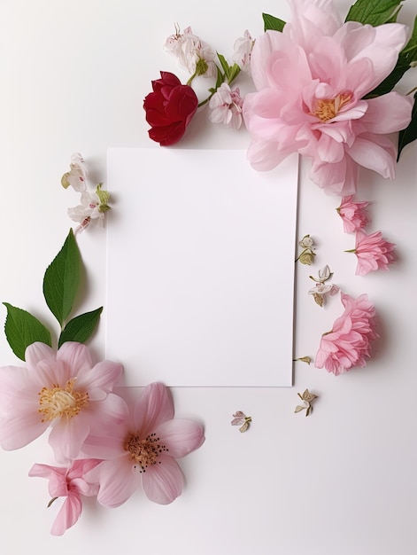 Vertical top view blank card with flowers Abstract organic flowers Blooming floral on white background for invitation card