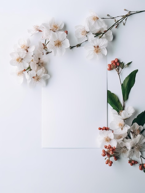 花と垂直トップ ビュー空白カード抽象有機花招待状の白い背景の上に花が咲く