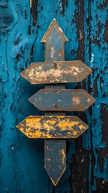 Vertical trio of weathered metal directional arrows on a flaking blue wooden background each arrow