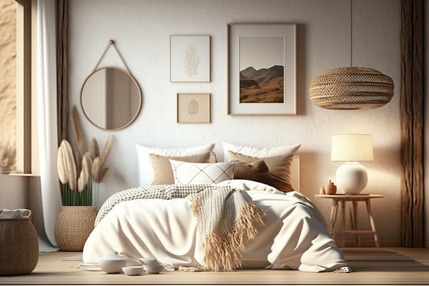 Vertical two frame mockup in boho bedroom interior with wooden floor and white bed Beige blanket cushion and dried grass Basket and wicker lamp on wall