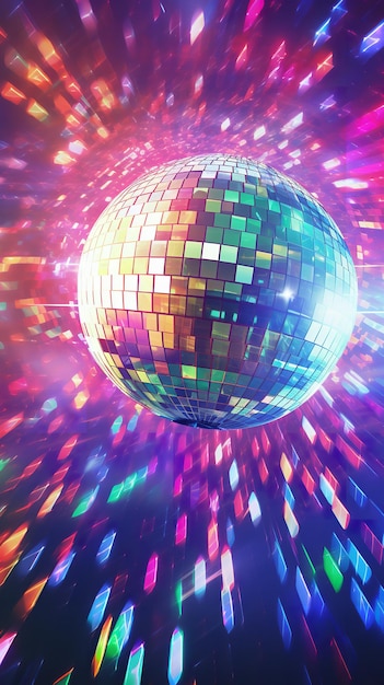 Vertical view of an amazing disco ball with brilliantly colored lights and a colorful background Generative AI