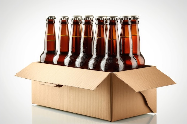 Vertical view of beer bottles in carrier on white background