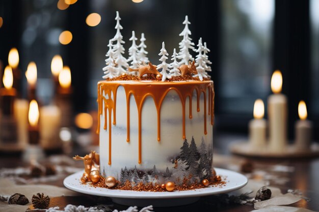 白いクリームとオレンジのドリップで森と鹿の上に夢のようなケーキの垂直の景色