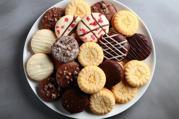 Vertical view from above of a plate with assorted shortbread cookies on a table