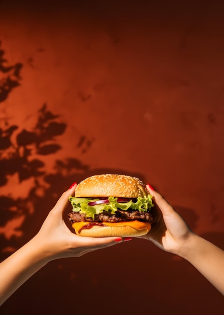 Vertical view hand holding cheese burger with tomatoes and onion copy space text on dark background