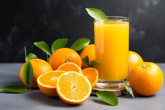 Vertical view of vitamin source cut chopped and whole fresh oranges and juice on gray background