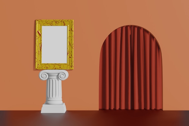 Vertical vintage mockup picture frame gold color stand on a column on a coral wall background. Abstract multicolored cartoon interior with arch. 3D rendering