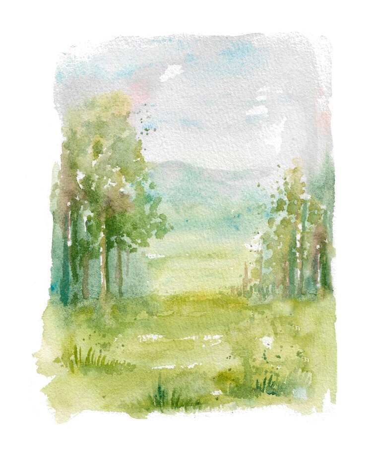 Photo vertical watercolor green landscape with trees hills and grass isolated on white background