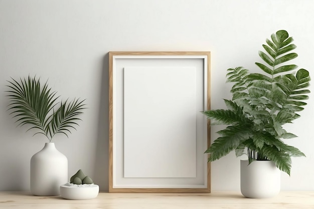 Вертикальный макет деревянной рамы с растениями в белой керамической вазе