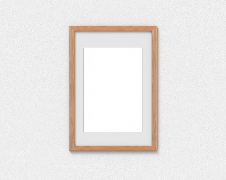 Photo 벽 3d 렌더링에 매달려 테두리가있는 세로 나무 프레임