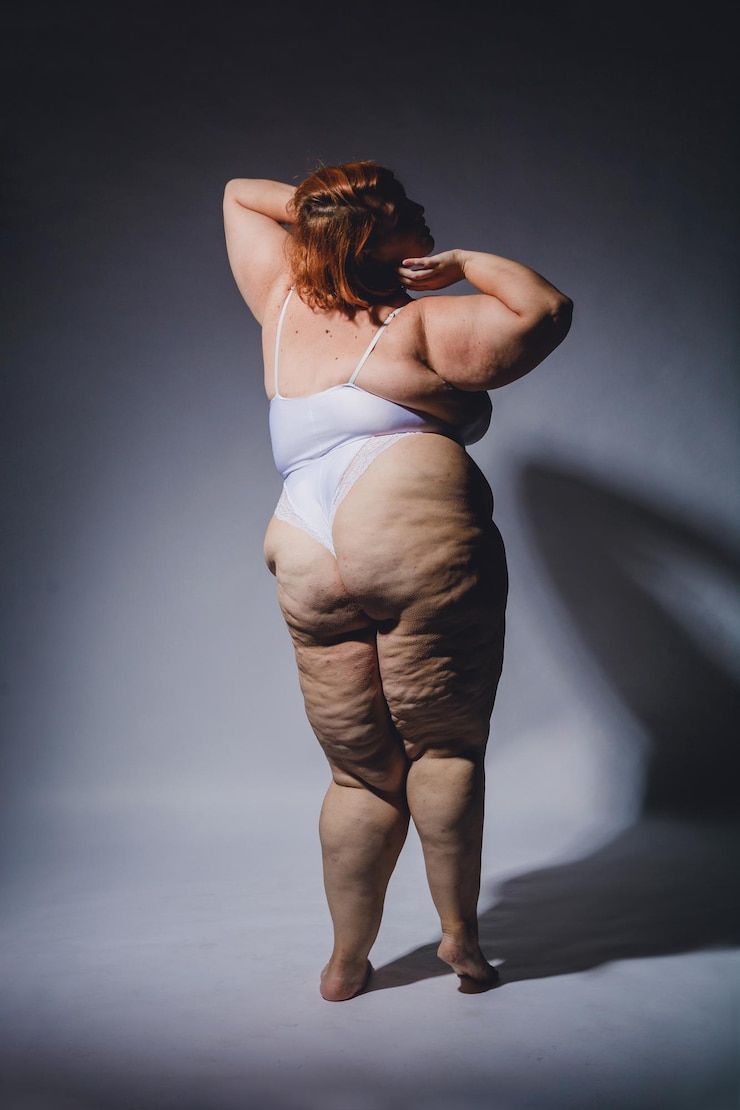 verticale afbeelding van plus grootte blanke vrouw in lingerie met cellulite poseert zelfverzekerd hard licht