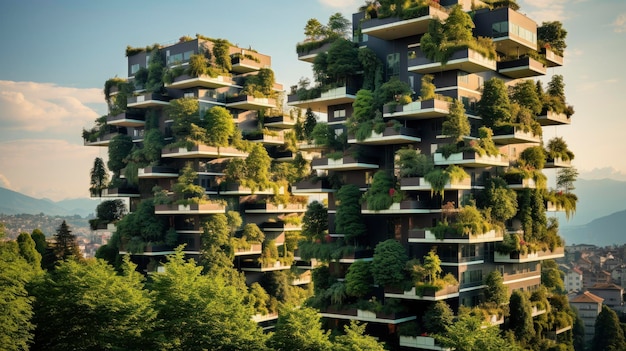 Verticale bossen stedelijke vergroening duurzame architectuur innovatieve ontwerp milieuoplossingen gecreëerd met generatieve AI-technologie