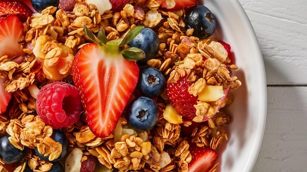 Verticale close-up opname van heerlijke granola met wat fruit en bessen