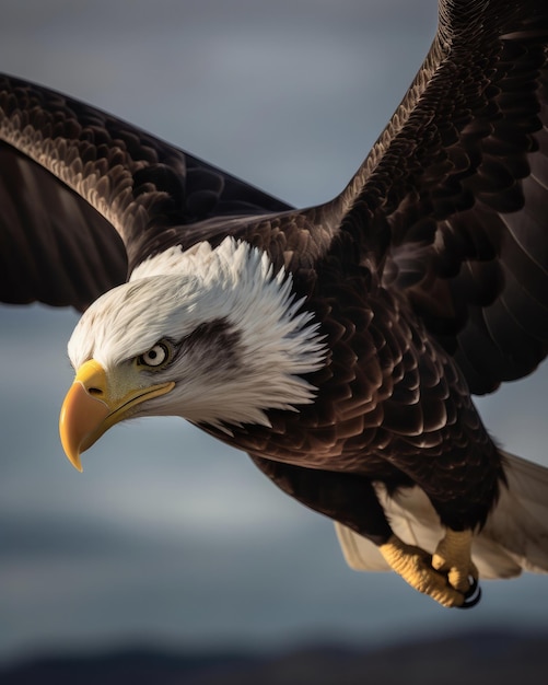Verticale close-up shot van de Amerikaanse zeearend tijdens het vliegen