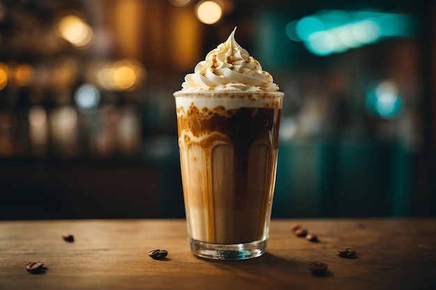 Verticale close-up van een plastic kopje koude koffie met een vanillecrème