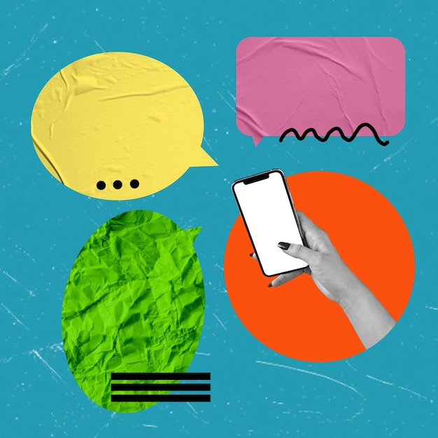 Verticale collage afbeelding zwart-wit hand met gebruik van smartphone dialoog zeepbel bericht typen