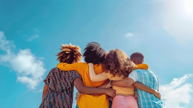 Verticale foto Achtergrond van een jonge groep gelukkige multiraciale vrienden die elkaar omhelzen