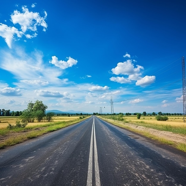 Verticale foto van een asfaltweg onder de blauwe hemel