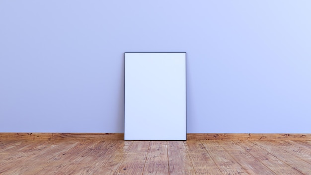 Foto verticale frame mockup op een wit grijze muur met houten vloer 3d render ilustration.