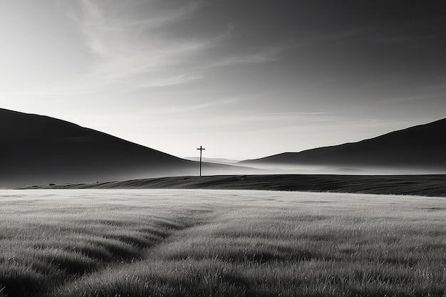 Verticale grijsvlakfoto van een grasveld met een vervaagd kruis