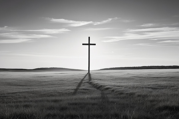 Verticale grijsvlakfoto van een grasveld met een vervaagd kruis