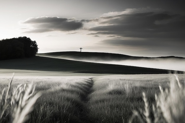 Verticale grijsvlakfoto van een grasveld met een vervaagd kruis