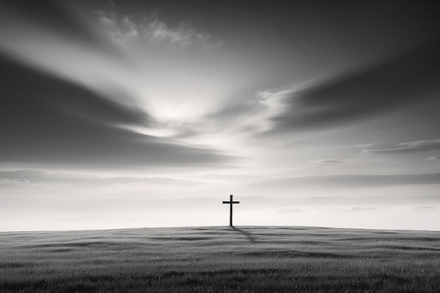 Verticale grijsvlakfoto van een grasveld met een vervaagd kruis