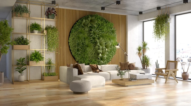 Verticale groene muur in een woonkamer interieur 3d render