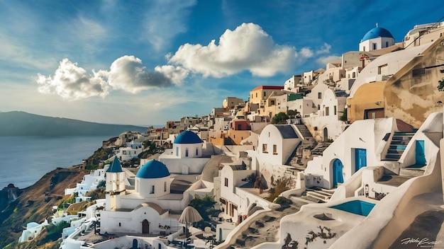 Verticale hoge hoek opname van de witte gebouwen in Santorini Griekenland