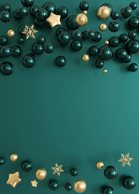 Verticale kerst achtergrond met ruimte voor tekst met een geavanceerde reeks teal en goud boules met gouden sneeuwvlokken en sterren op een diep teal oppervlak perfect voor feestelijke ontwerpen 3D