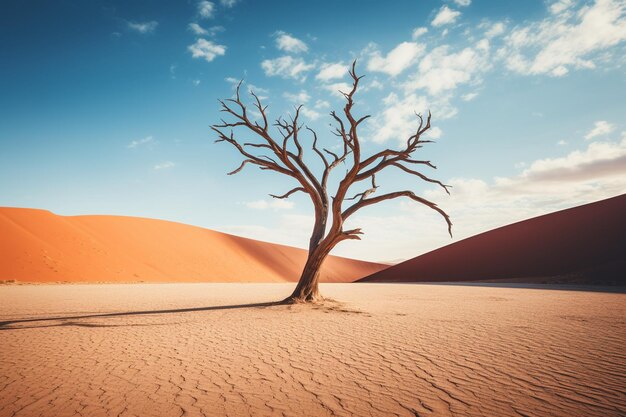 Foto verticale opname van een bladloze boom in een woestijn met zandduinen in de