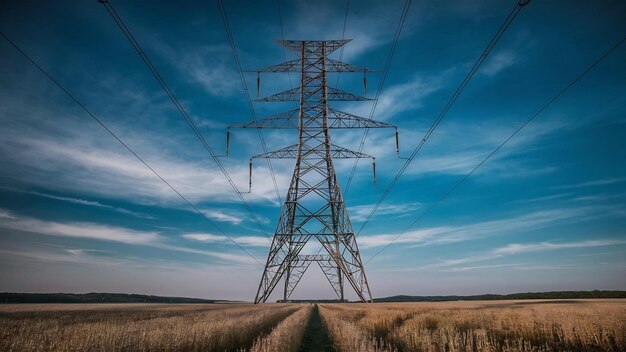 Foto verticale opname van een bovenliggende elektriciteitsoverdrachtstoren die in een veld onder de lucht staat