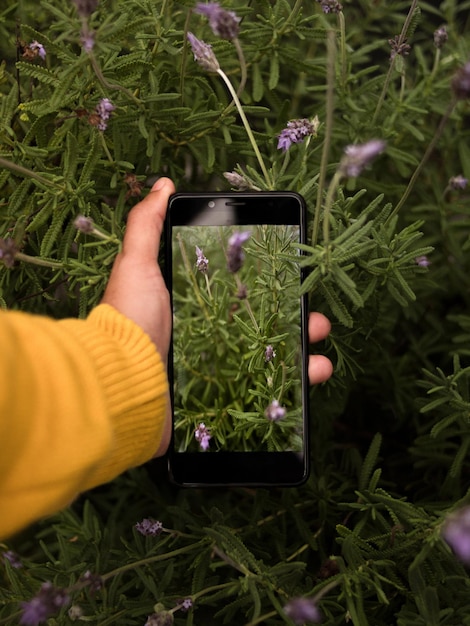 Verticale opname van een hand die een telefoon vasthoudt en een foto maakt van planten op de achtergrond