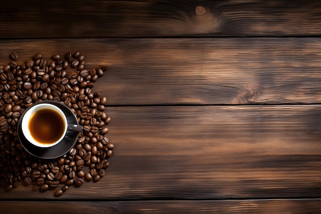 Verticale opname van een kop koffie en bonen op een houten tafel