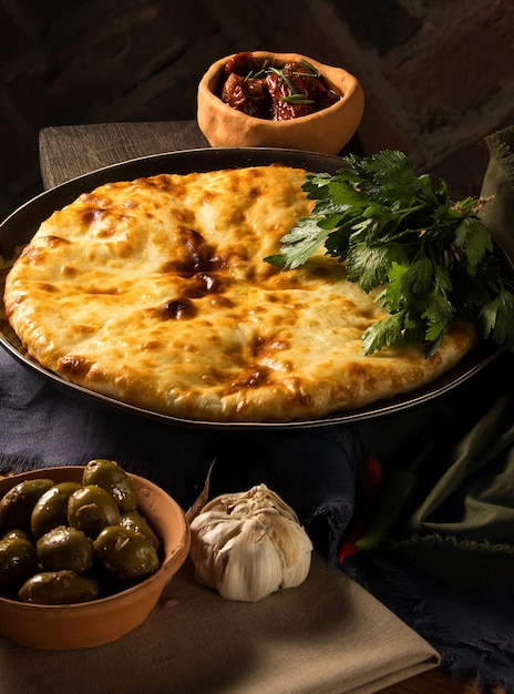 Verticale opname van een luxe restauranttafel met gastronomische Georgische gerechten