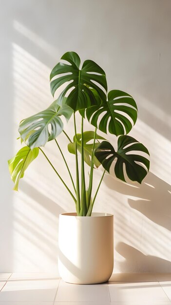 Verticale opname van een plant in een witte pot in een kamer met natuurlijk licht, ideaal voor een kamerdecor