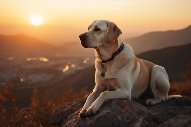 Verticale opname van een schattige labradorhond die tijdens zonsondergang op een berg zit