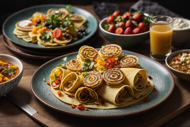 verticale opname van heerlijke veganistische tofu-pannenkoeken met kleurrijk fruit